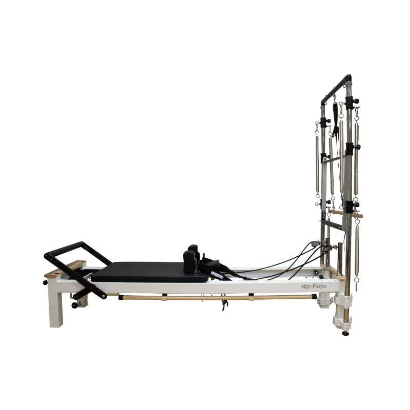 Side view of the Align Pilates C8-S Pro reformer with Half Cadillac against a white background