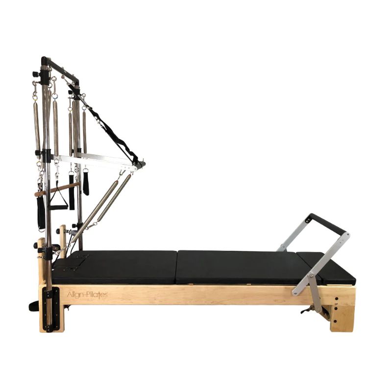 Align Pilates M8-Pro maple reformer with Half Cadillac fitted with the Half Cadillac frame, full side view (2)