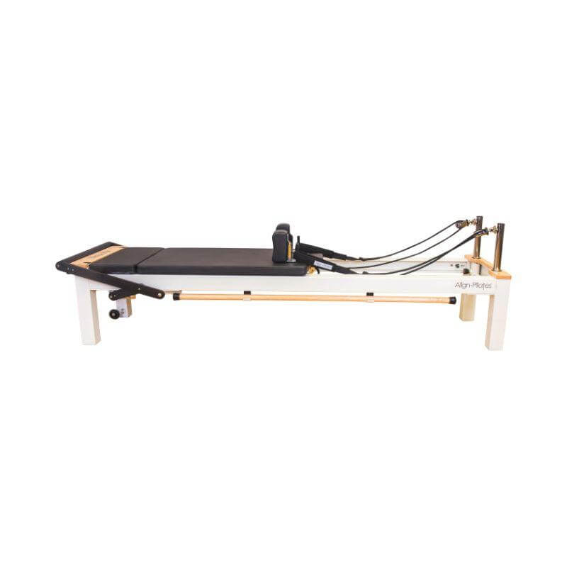 Align Pilates C8-S Pro white reformer, side profile showing the white aluminium runners and frame ends