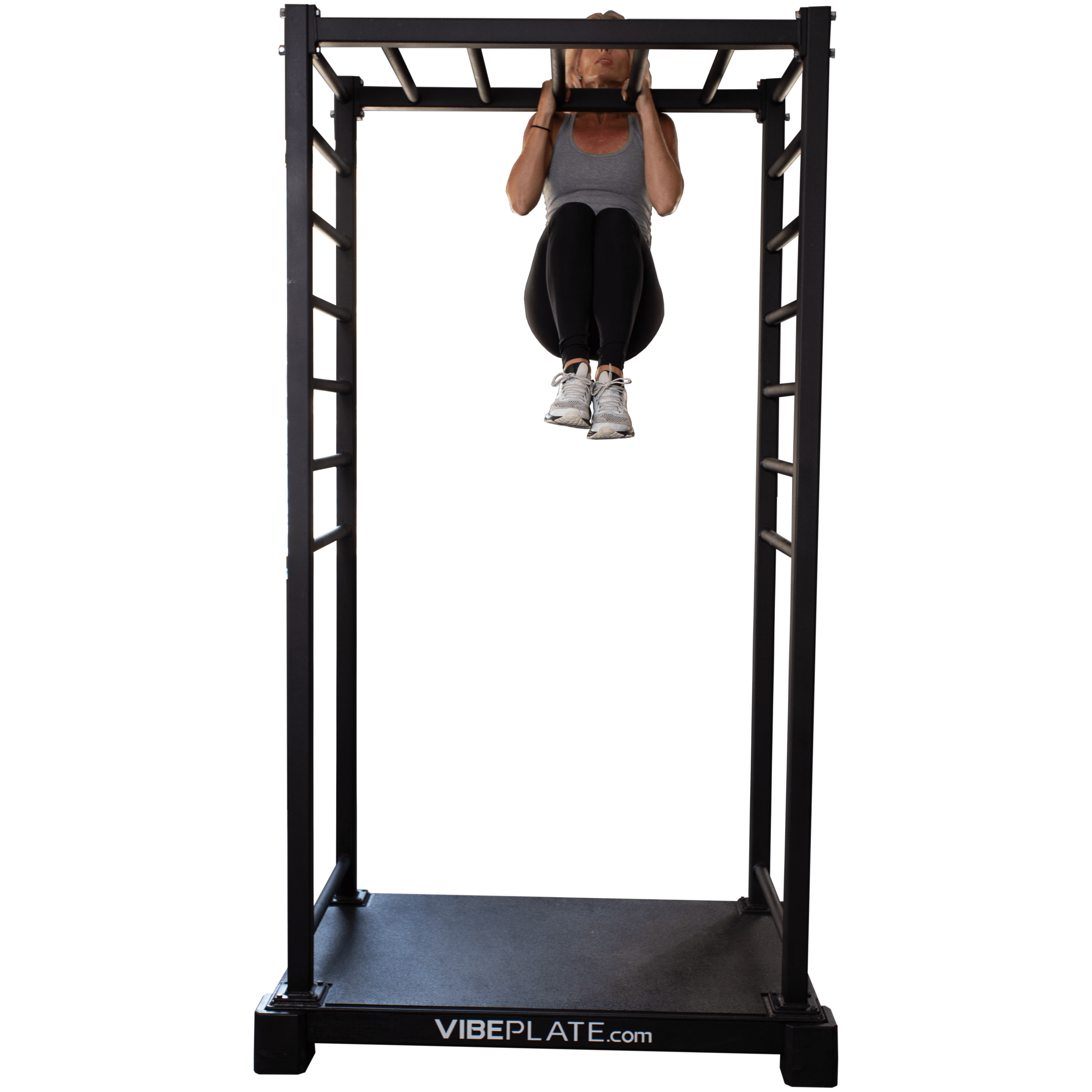 Back view of woman performing a hanging exercise on the VibePlate VibeStretch vibration platform for strength and flexibility