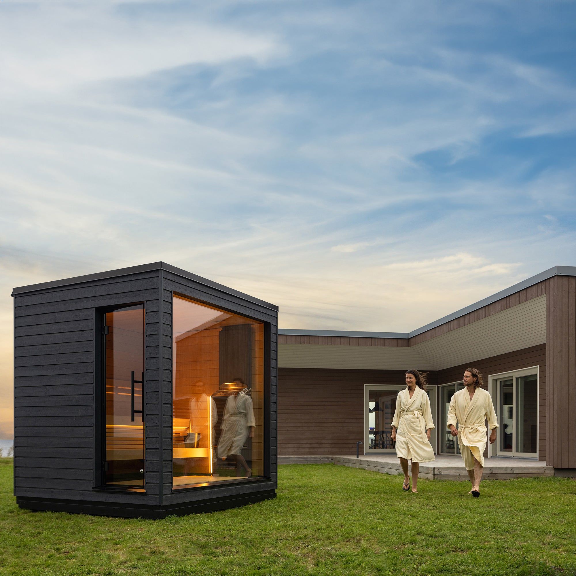 SaunaLife Model G6 Garden-Series sauna featuring a modern design with a cedar wood facade