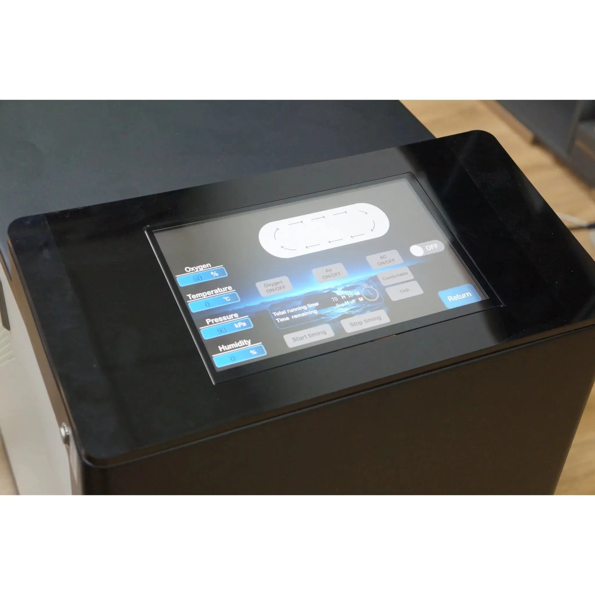 Macy-Pan Hyperbaric Oxygen Therapy Chamber control panel, featuring touchscreen for adjusting settings.