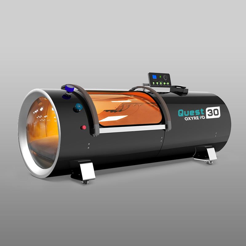 Diagonal view of OxyRevo Quest 30 1.5 ATA Hyperbaric Chamber Black version.