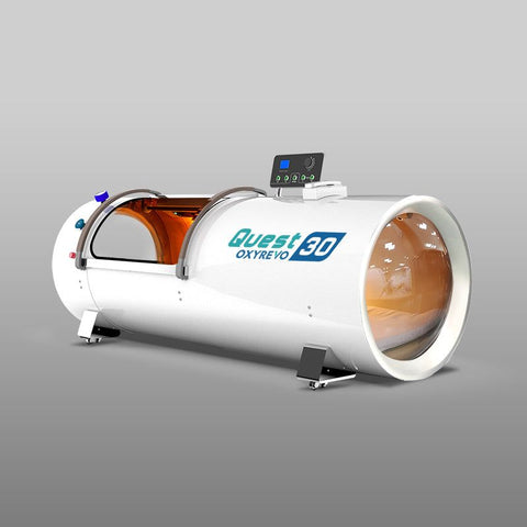 Diagonal view of OxyRevo Quest 30 1.5 ATA Hyperbaric Chamber White version with open window.