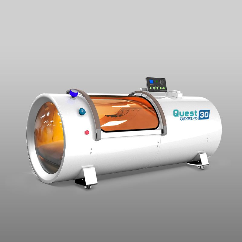 Diagonal view of OxyRevo Quest 30 1.5 ATA Hyperbaric Chamber White version.