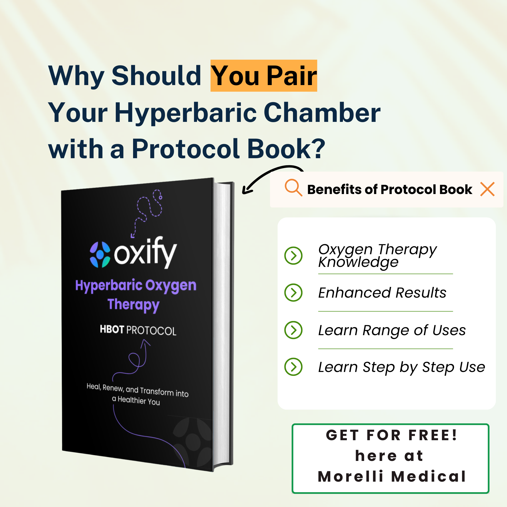 Cover of 'Oxify Hyperbaric Oxygen Therapy Protocol Book' highlighting benefits like enhanced results and step-by-step guidance.