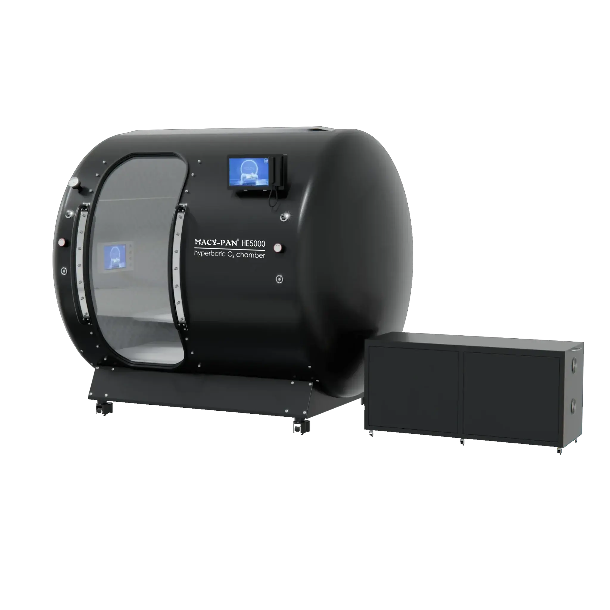 Macy-Pan HE5000 Hyperbaric Oxygen Therapy Chamber for 5 people with sliding door and control unit.