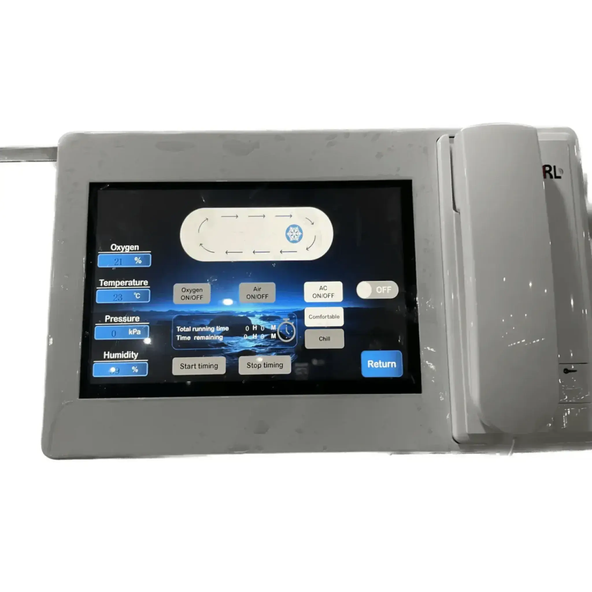 Control panel of Macy-Pan HP2202 Hard Hyperbaric Oxygen Chamber showing settings for oxygen, temperature, and pressure.