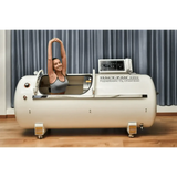 Macy-Pan HP2202 hyperbaric oxygen chamber with a user stretching inside, promoting recovery and athletic performance.