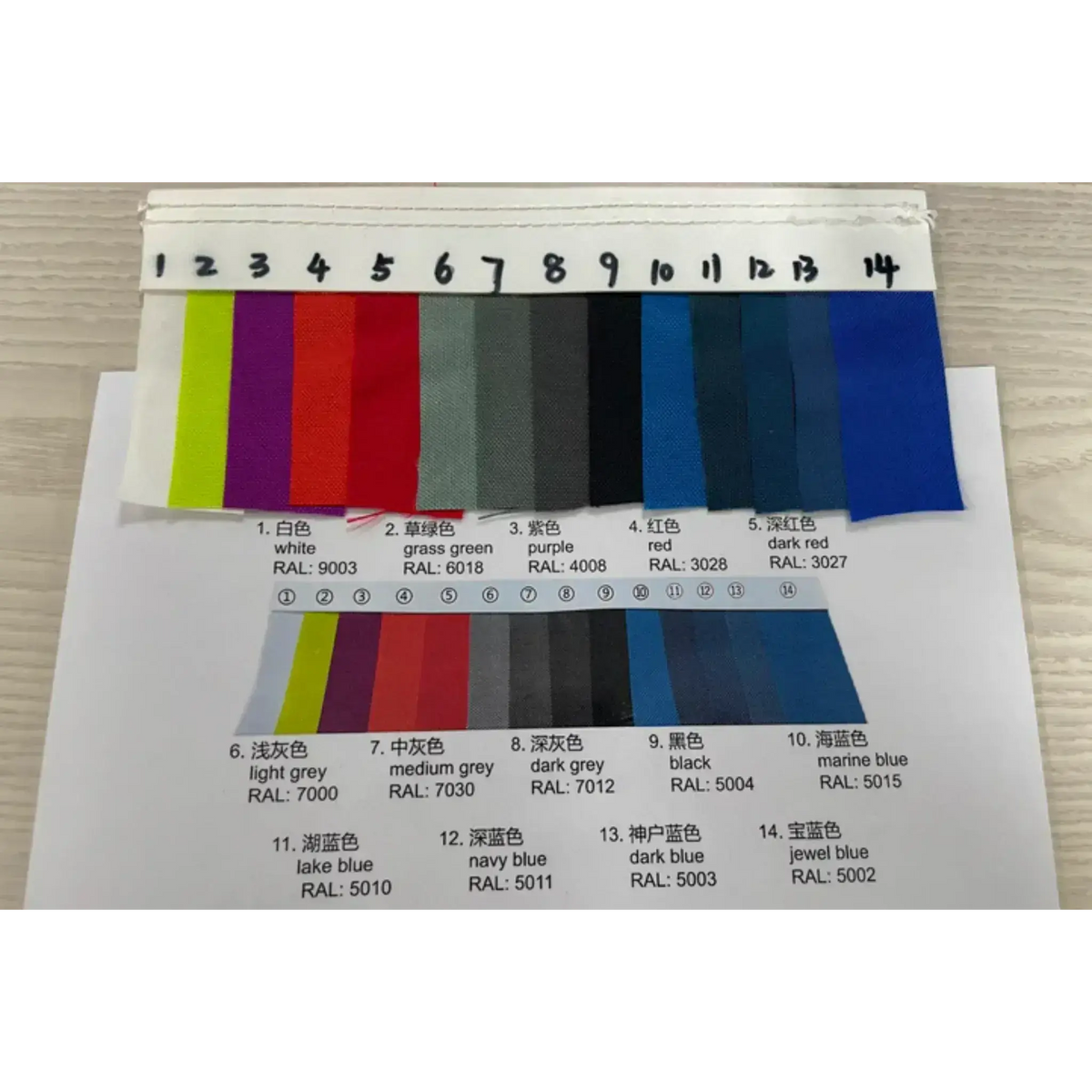 Color swatches display with RAL codes including white, grass green, purple, and various shades of blue and grey.