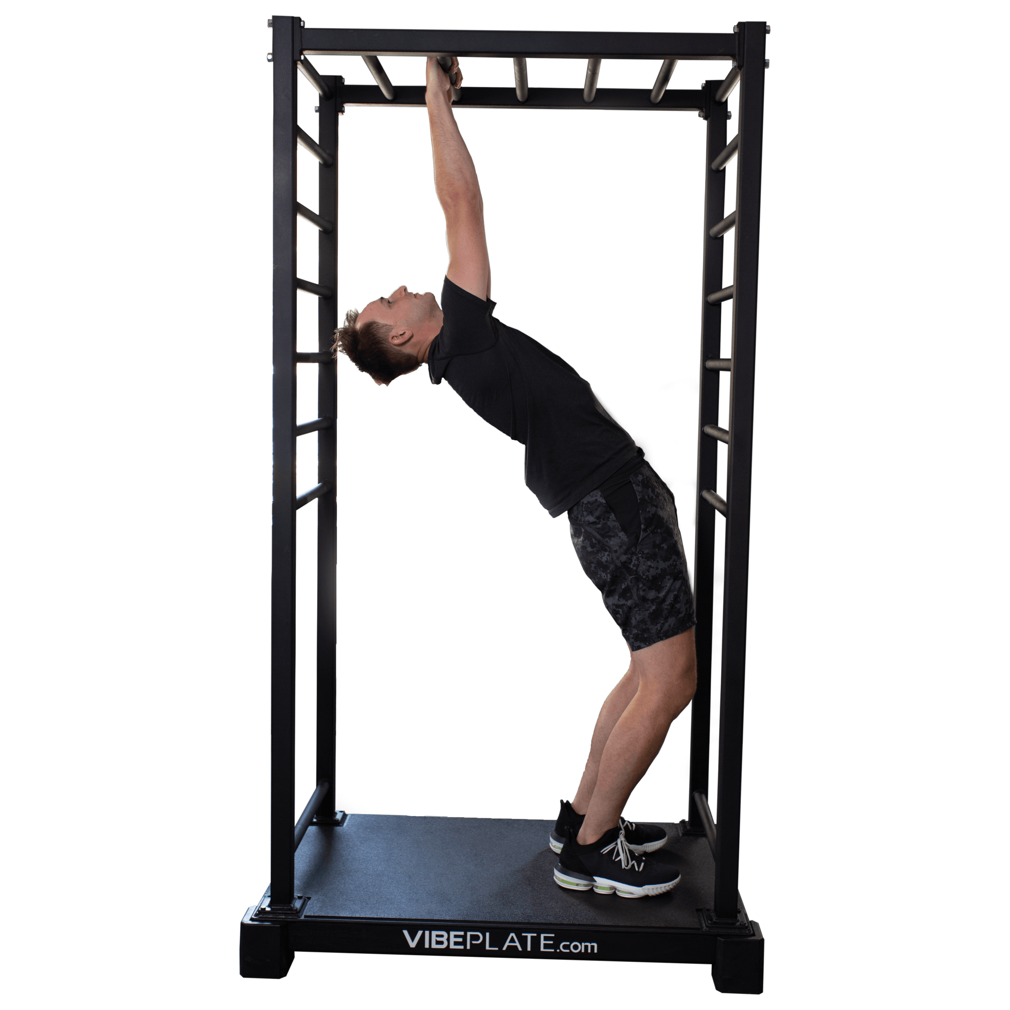 Man performing a back arch stretch on the VibePlate VibeStretch platform, enhancing back flexibility and posture