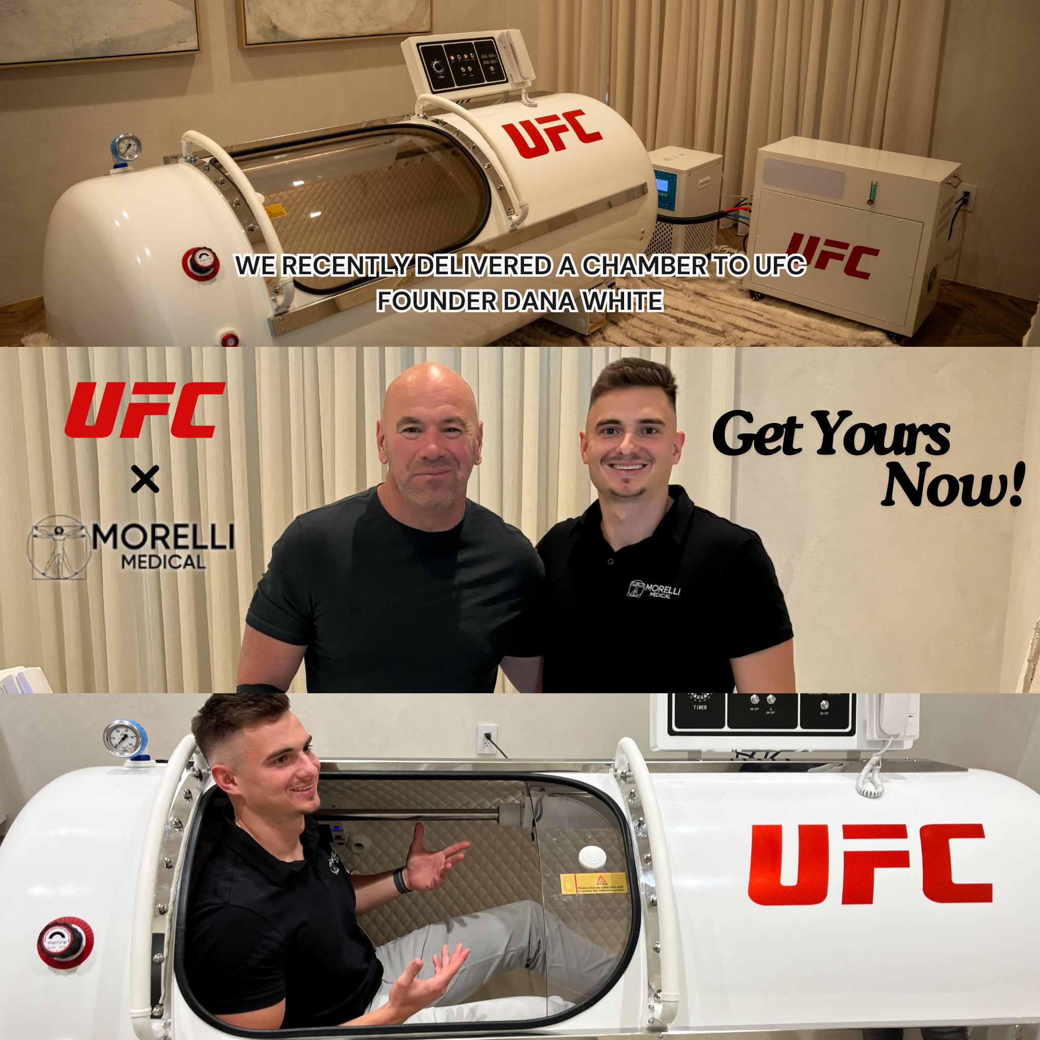 UFC founder Dana White with the Macy-Pan ST1700 Hyperbaric Oxygen Therapy Chamber from Morelli Medical.