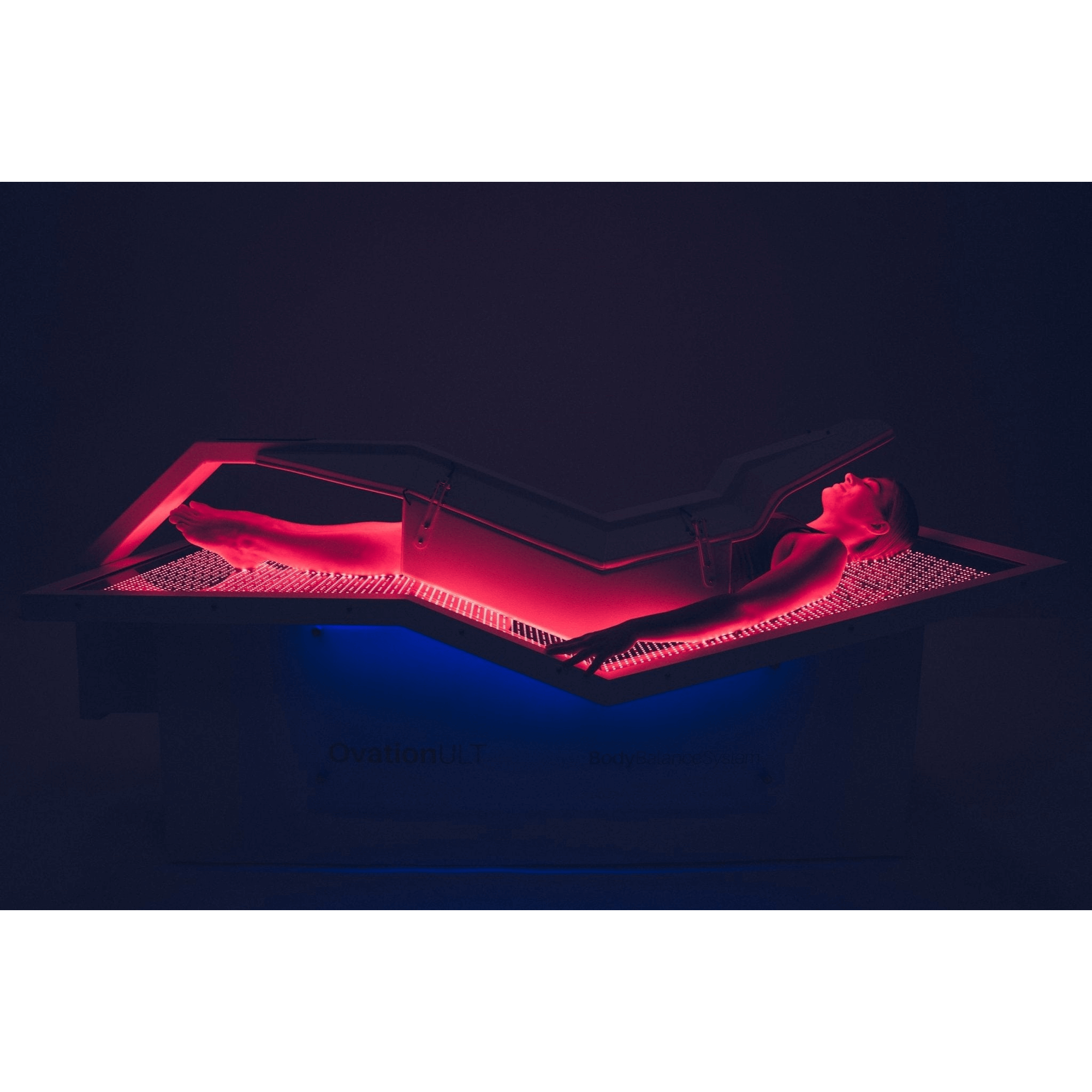 OvationULT canopy fully open, interior lights glowing – the best red bed – RecovAthlete