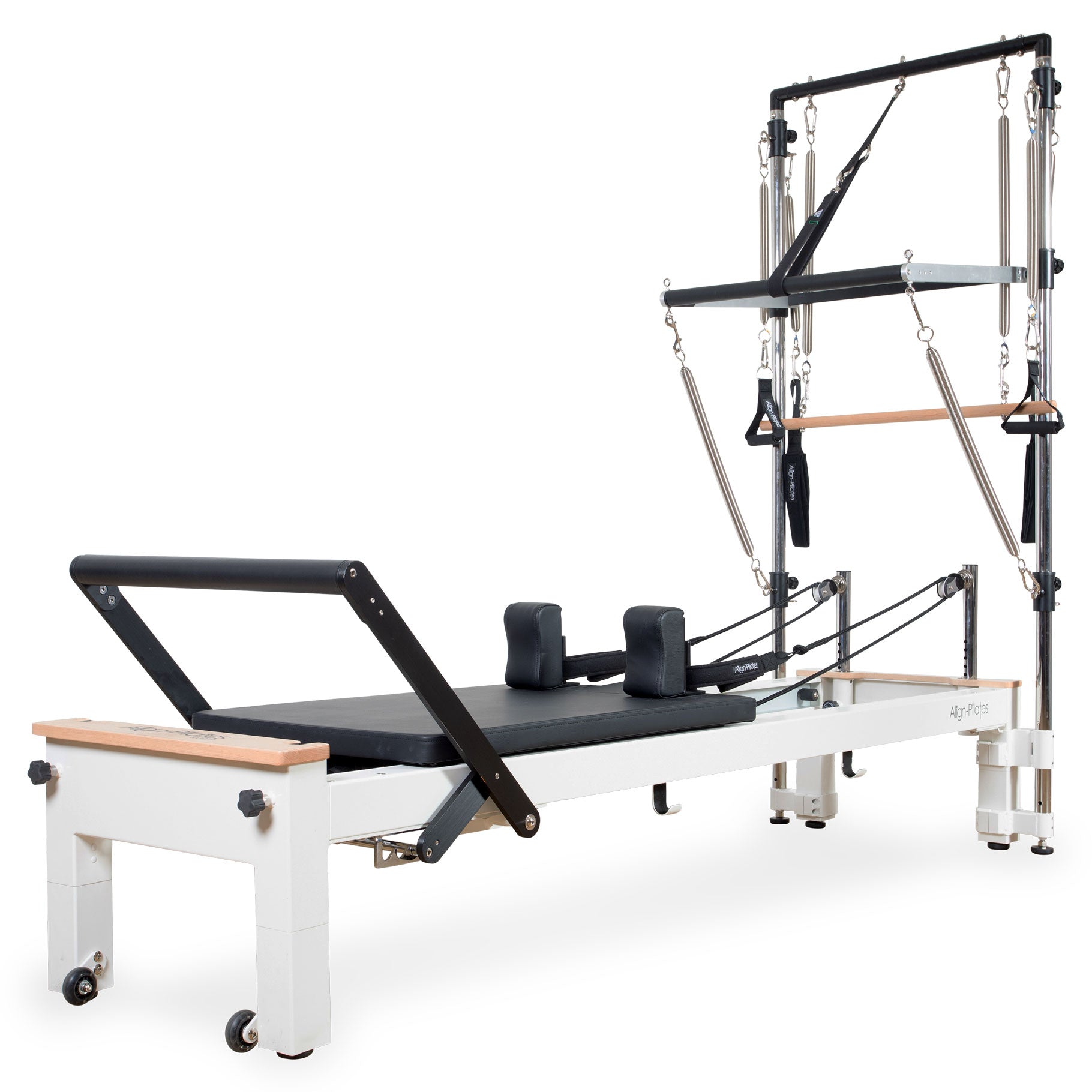Align Pilates C8-S Pro white reformer with the Half Cadillac fitted, full side view