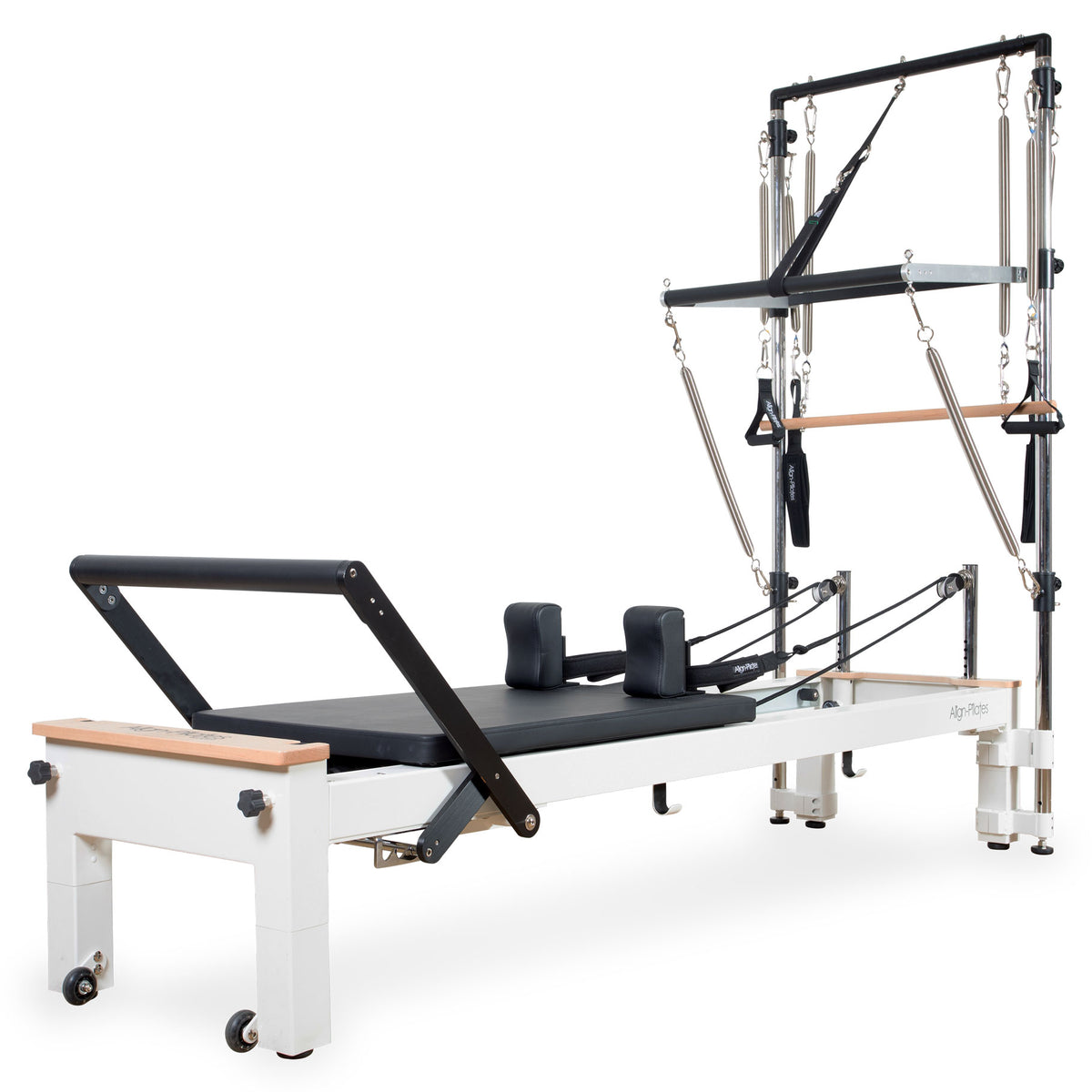 Align Pilates C8-S Pro white reformer with the Half Cadillac fitted, full side view