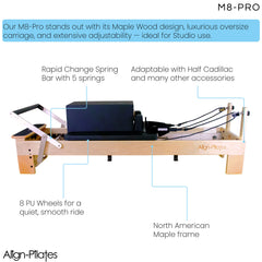 Align Pilates M8-Pro maple reformer with Half Cadillac, included components infographic