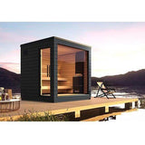 Close-up of SaunaLife G6 sauna unit showing detailed wooden construction and integrated glass panels