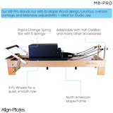 Align Pilates M8-Pro maple reformer with Half Cadillac, included components infographic