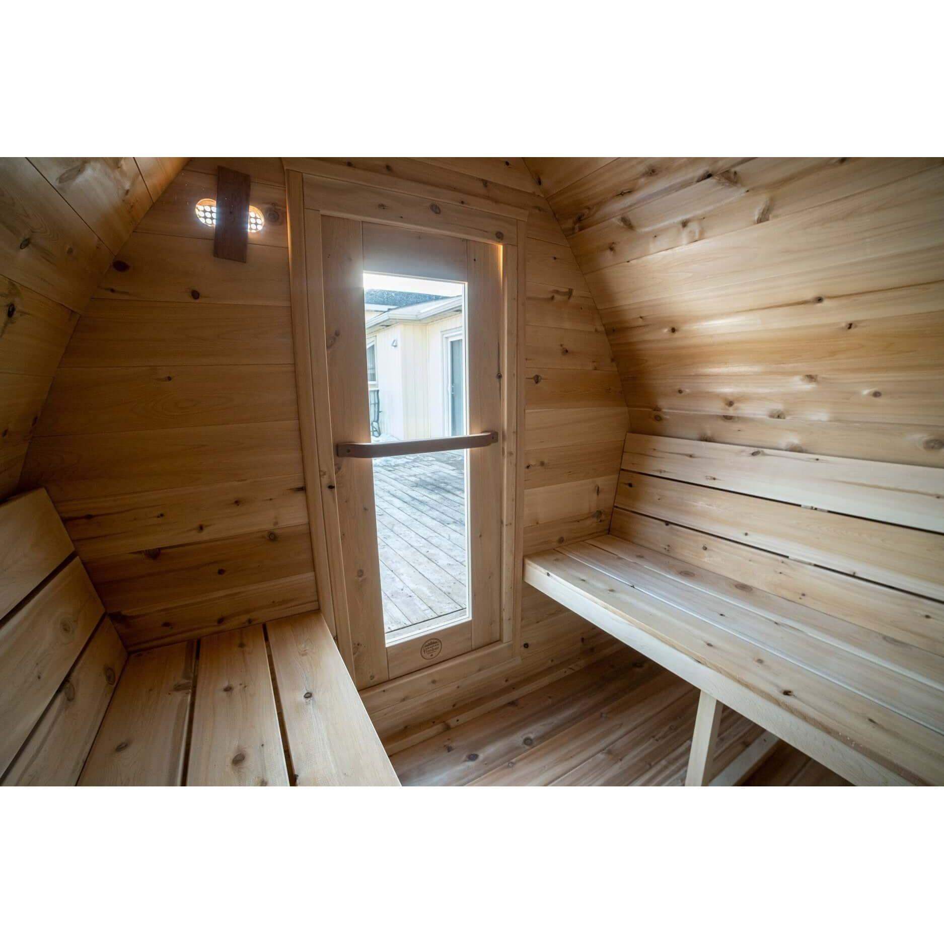 Leisurecraft MiniPOD sauna wooden door side view