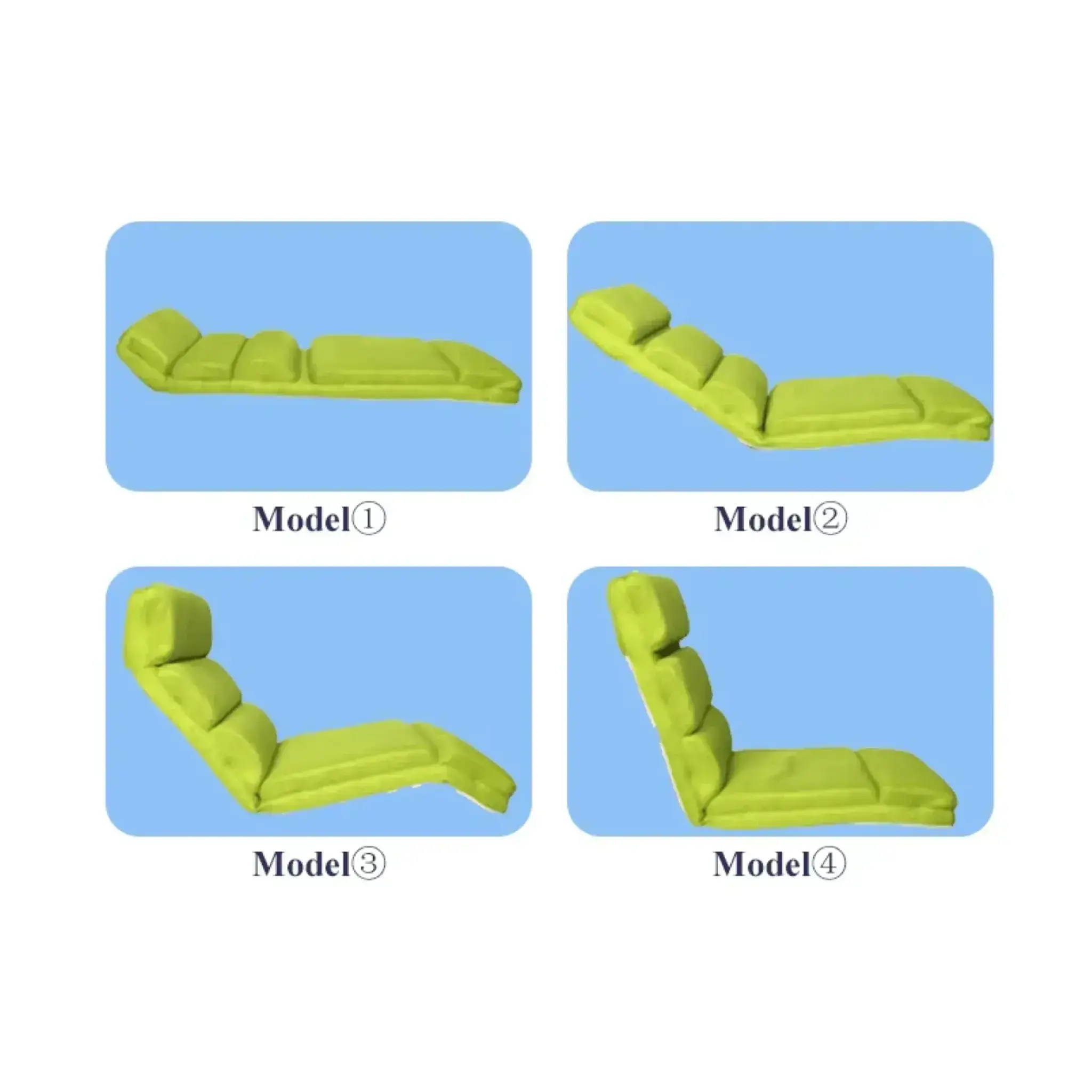 Four models of adjustable sitting chairs in vibrant green color displayed on a blue background.