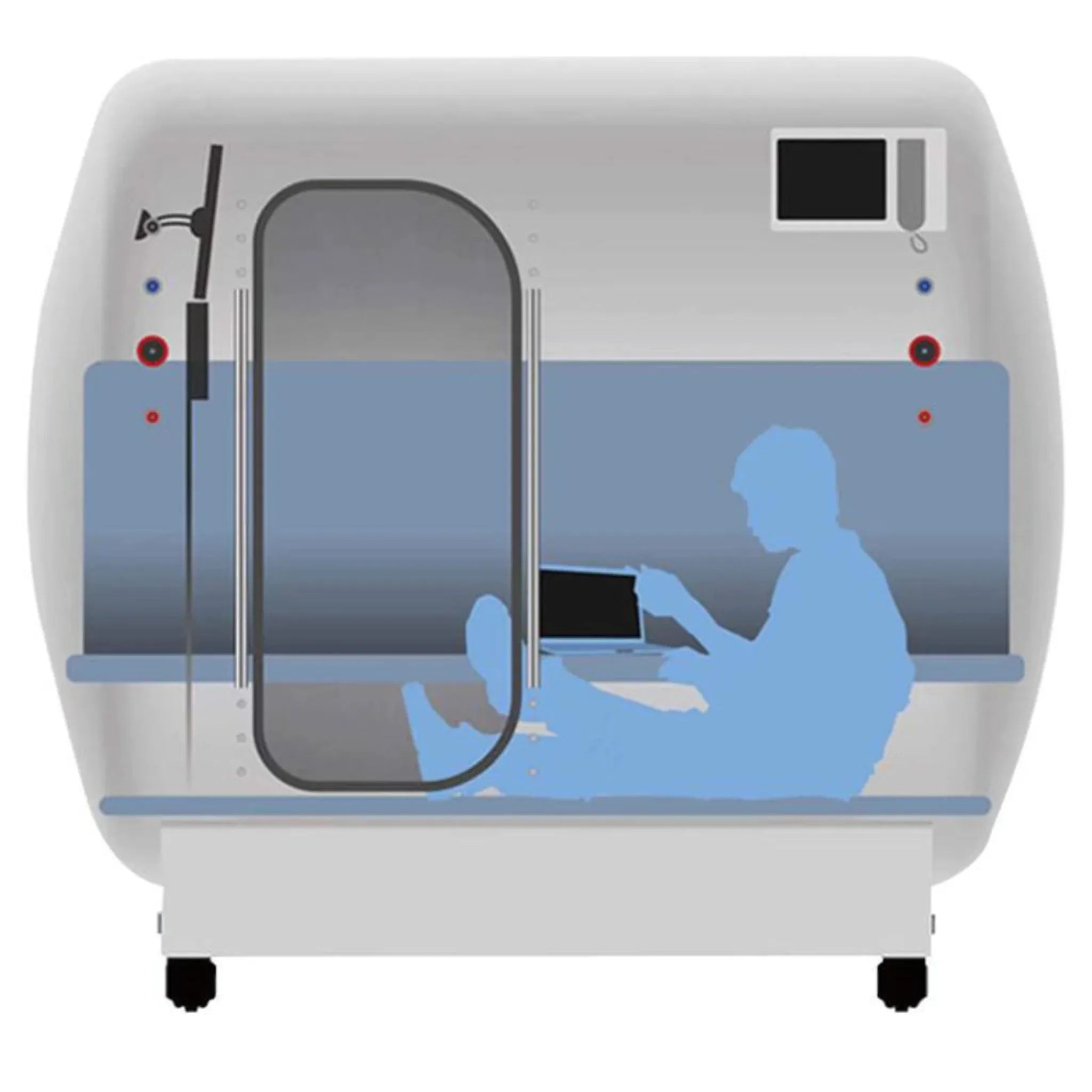 Macy-Pan HE5000 Hyperbaric Oxygen Therapy Chamber with person using a laptop inside.