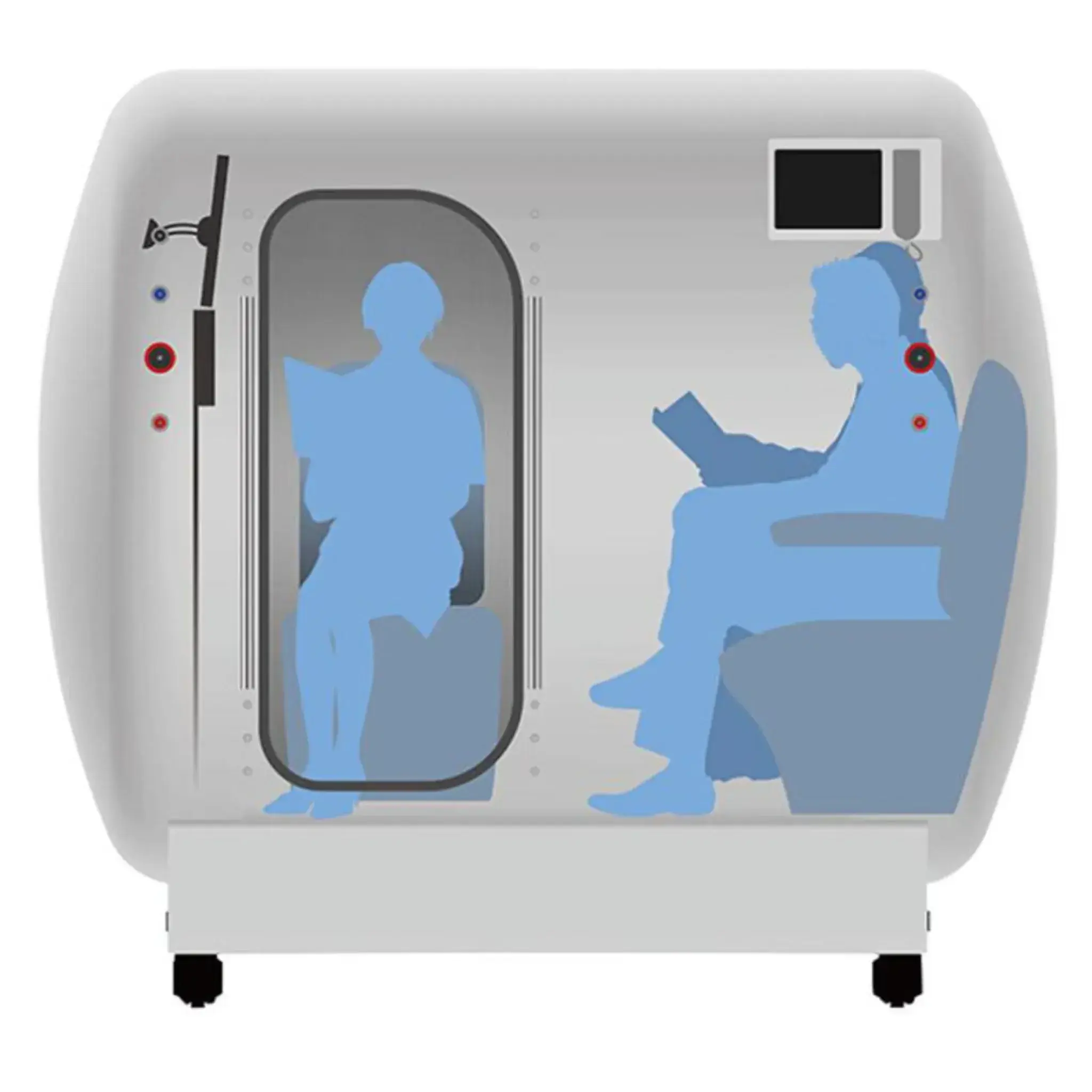Illustration of the Macy-Pan HE5000 Hyperbaric Oxygen Therapy Chamber with two users inside.