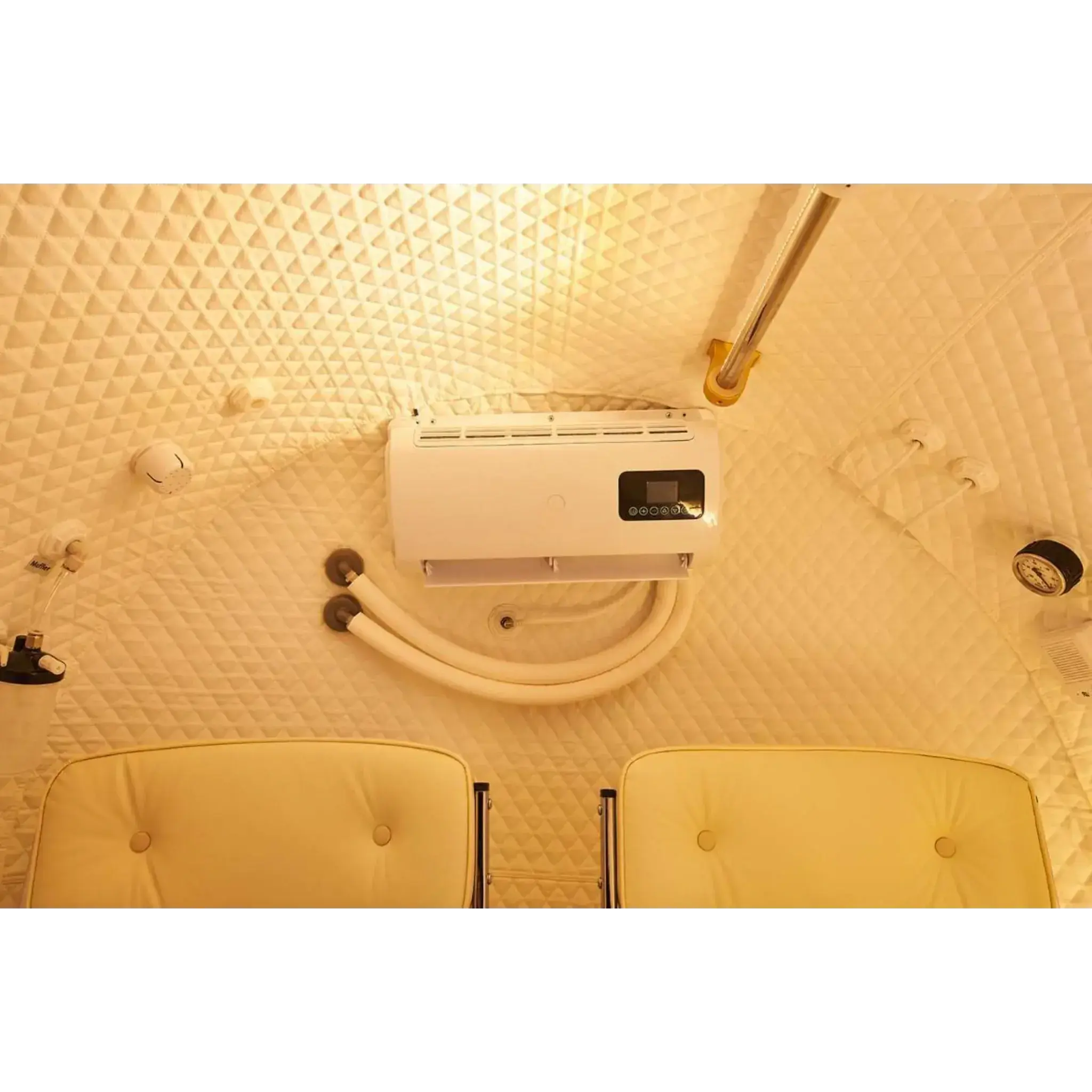 Interior view of Macy-Pan HE5000 Hyperbaric Oxygen Therapy Chamber with seating and control panel.