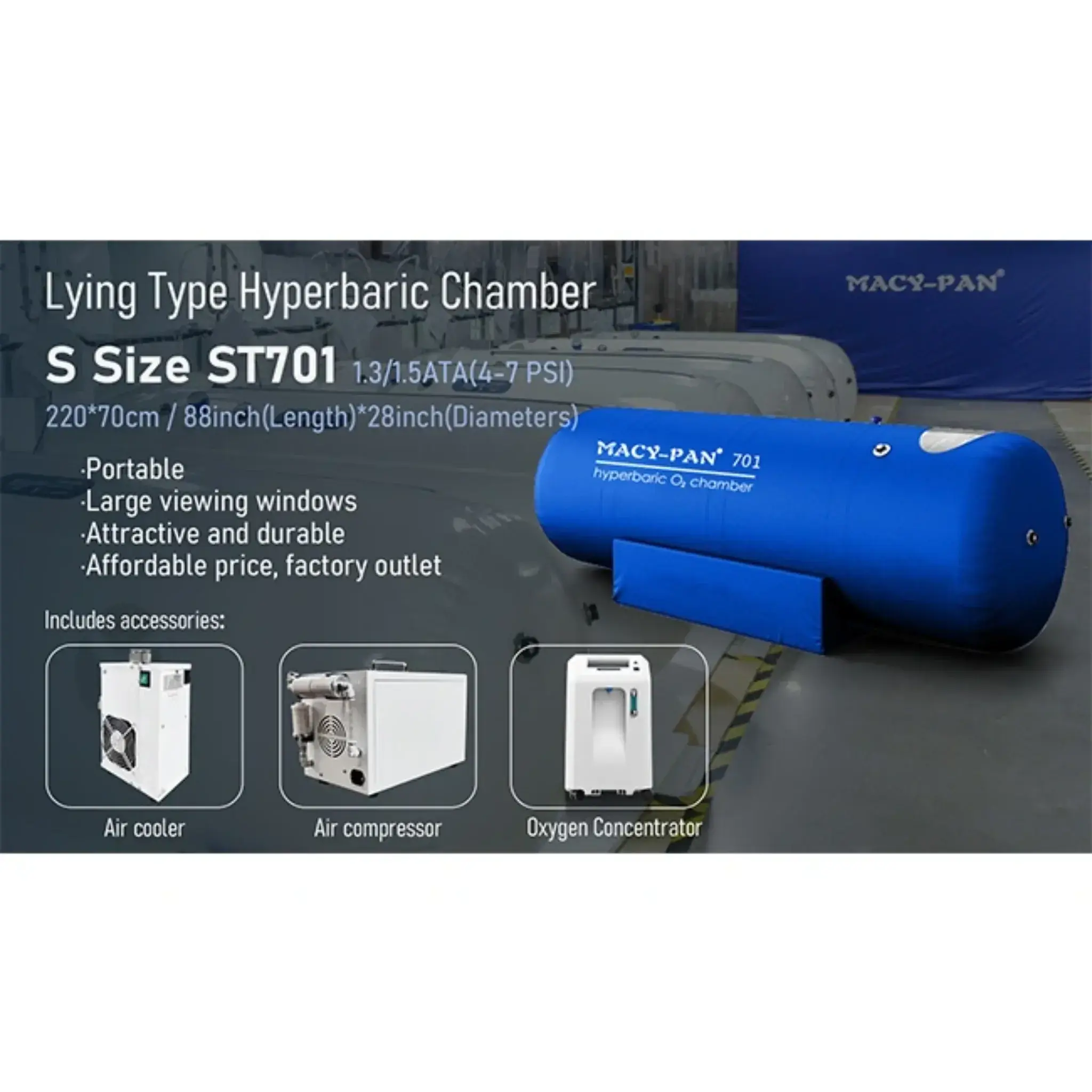 Macy-Pan ST701 Lying Type Hyperbaric Chamber, portable with large windows, oxygen concentrator, air cooler, and compressor.