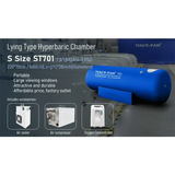 Macy-Pan ST701 Lying Type Hyperbaric Chamber, portable with large windows, oxygen concentrator, air cooler, and compressor.