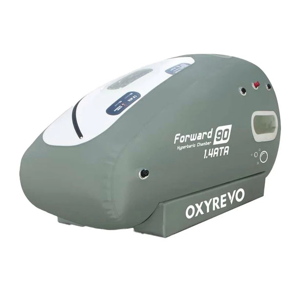 OxyRevo Forward90 soft sitting hyperbaric chamber, left side view, for home use