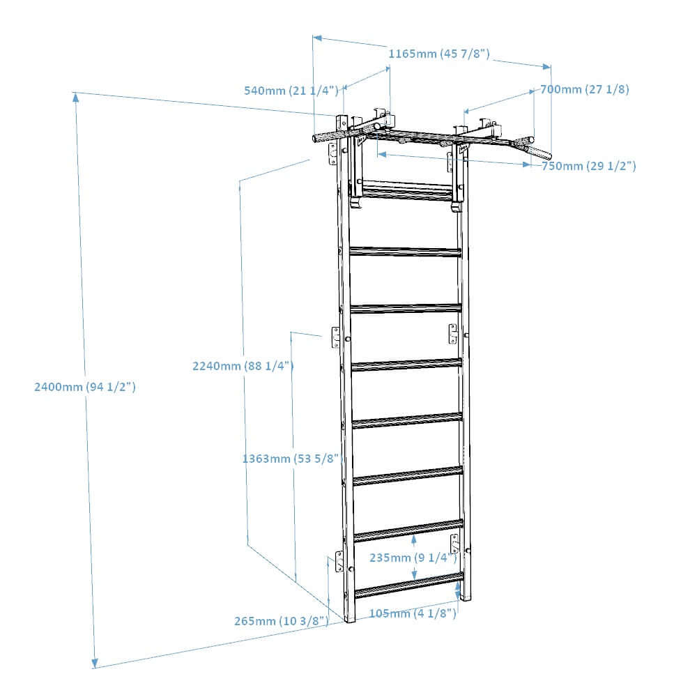 BenchK Swedish Ladder w/ Pull Up Bar & Rack - Black