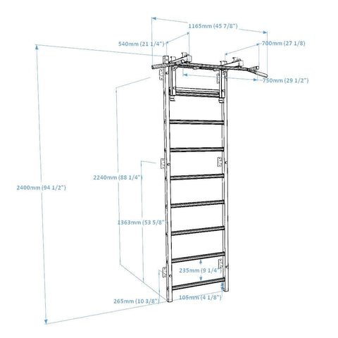 BenchK Swedish Ladder w/ Pull Up Bar & Rack - White