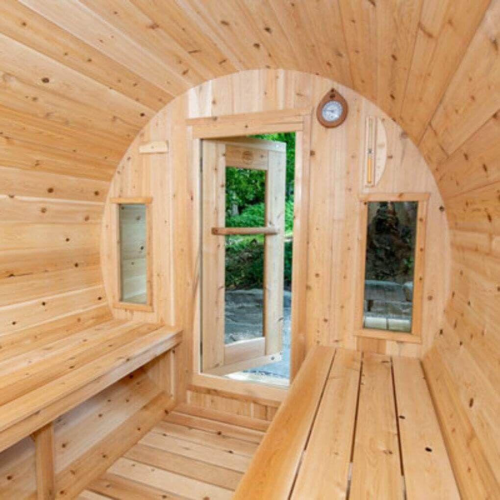 Leisurecraft Tranquility barrel sauna interior 6'6" x 9'10"