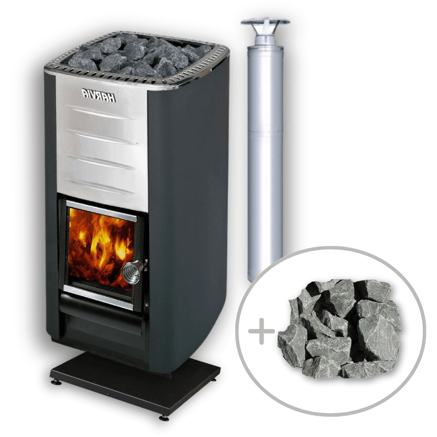 Harvia M3 Wood Burning Stove Kit w/ Chimney and Floor Protection and Stones