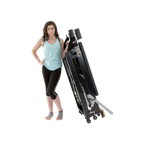 Photo of an Align Pilates F2 Folding Reformer Machine, showcasing its sleek design and foldable features for compact storage
