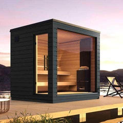 SaunaLife Model G6 Garden-Series Outdoor Home Sauna with wooden panels and glass door in a garden setting