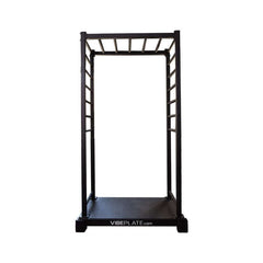 VibePlate VibeStretch vibration platform without user, showcasing sturdy steel frame and base