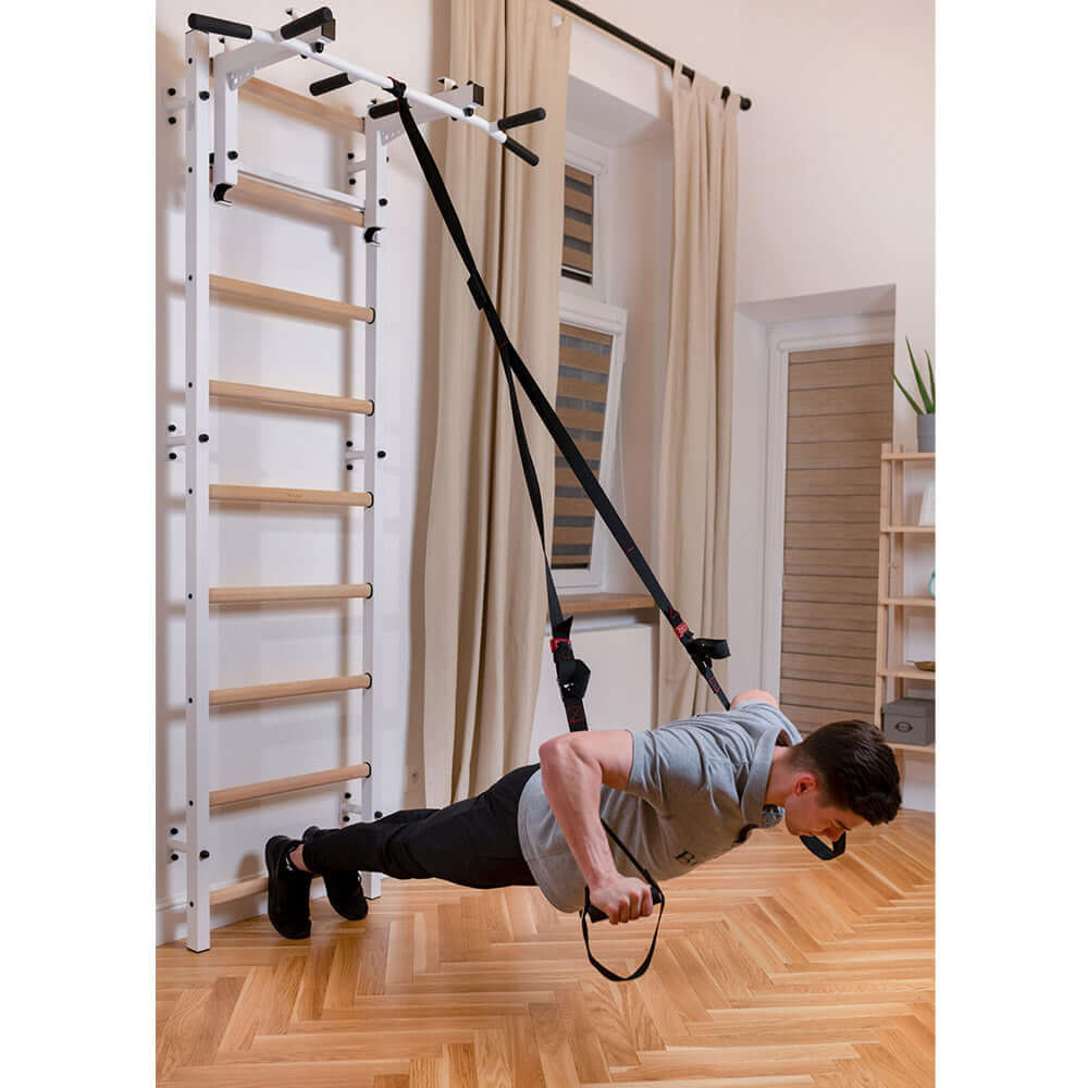 BenchK Swedish Ladder w/ Pull Up Bar & Rack - White